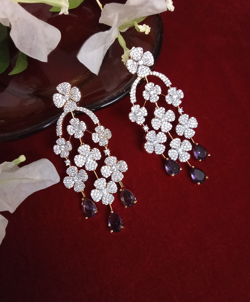 Three Strand Floral Zercon Stone Studded Earring with  Royal Purple Drops -(SOLD)