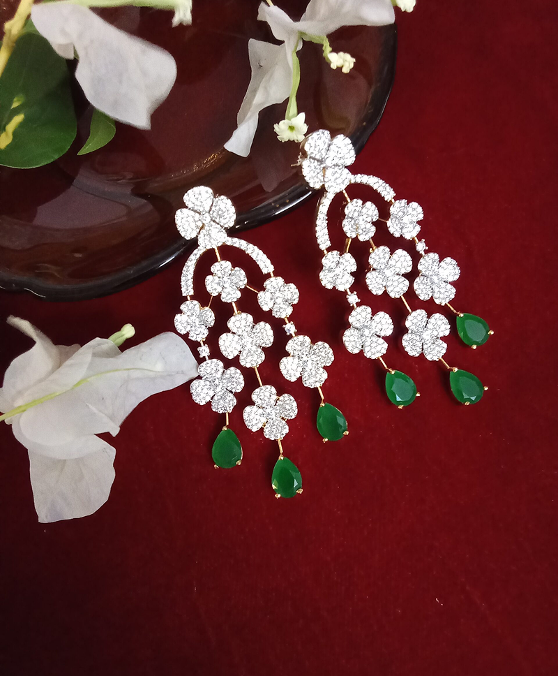 Three Strand Floral Zercon Stone Studded Earring with Elegant Leaf Green Drops