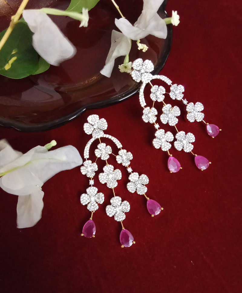 Three Strand Floral Zercon Stone Studded Earring with Rani Pink Drops