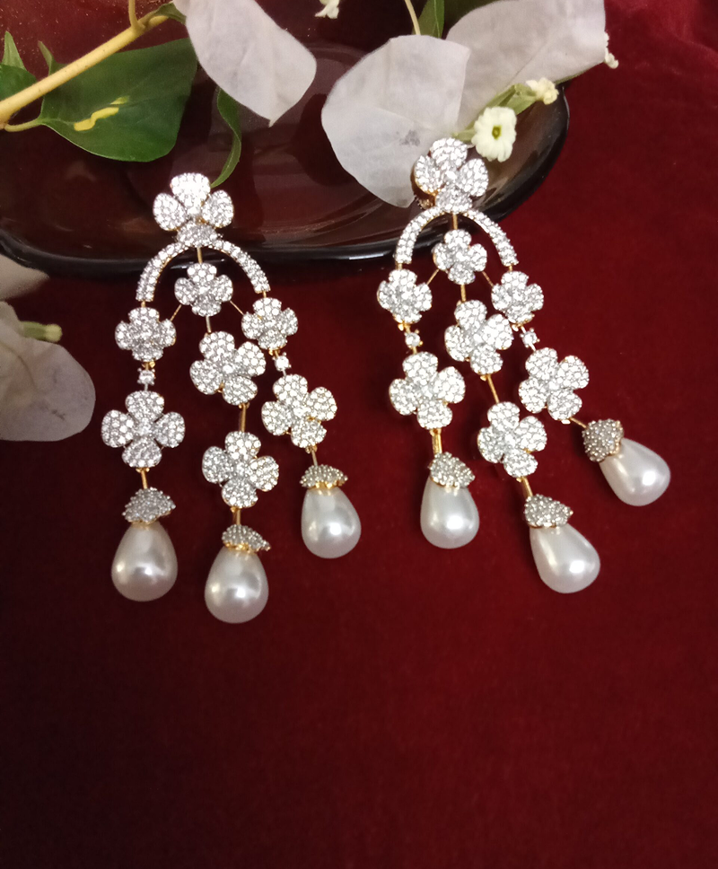 Three Strand Floral Zercon Stone Studded Earring with stunning Pearl Drops