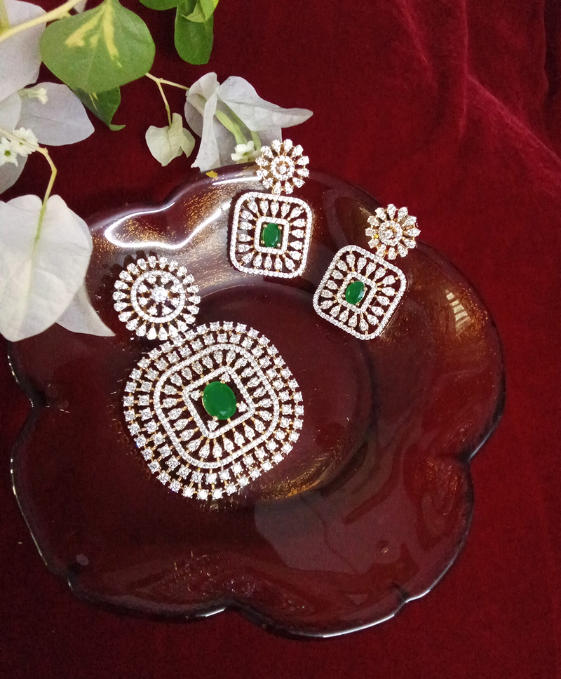 Square Shaped Green with White Zercon Studded Locket Set