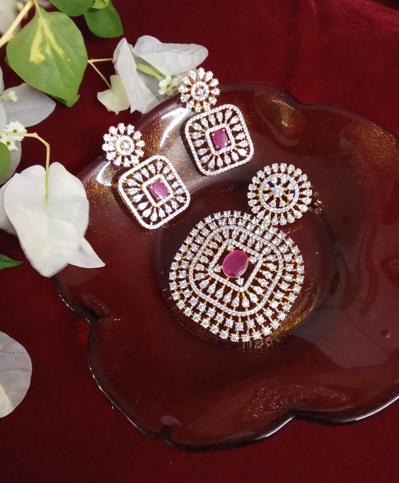 Square Shaped Pink with White Zercon Studded Locket Set