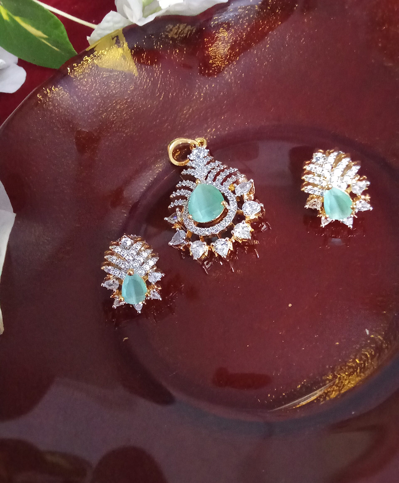 Teal Color White Zercon Studded Locket Set