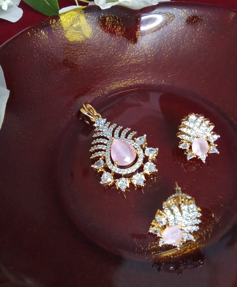Baby Pink  Cats Eye Stone with White Zercon Studded Locket Set