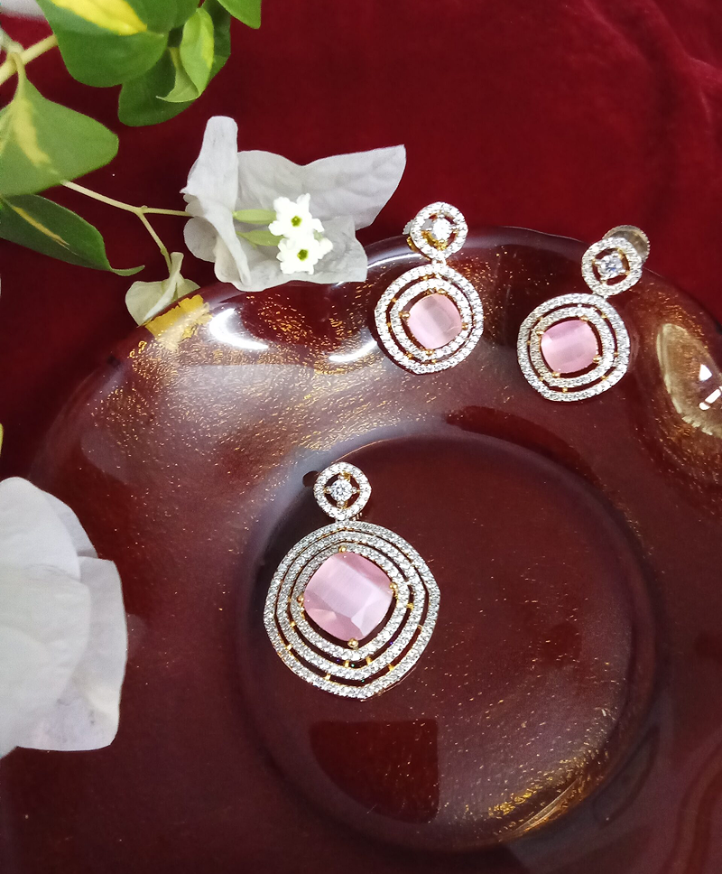 Baby Pink  Cats Eye Stone with White Zercon Studded Locket Set -(SOLD)
