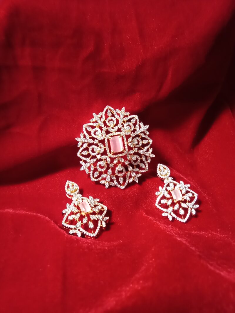 Baby Pink  Cats Eye Stone with White Zercon Studded Locket Set -(SOLD)